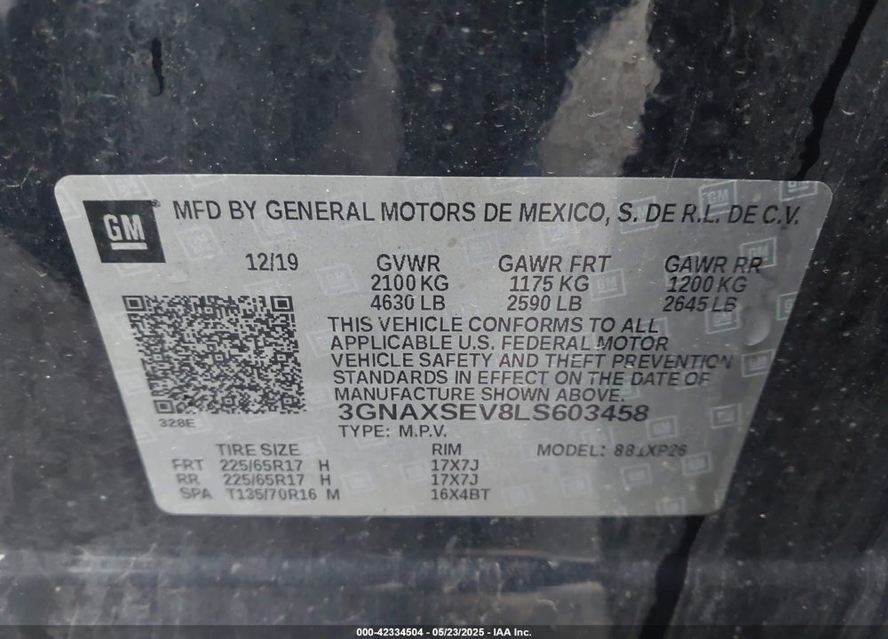 2020 CHEVROLET EQUINOX VIN: 3GNAXSEV8LS603458