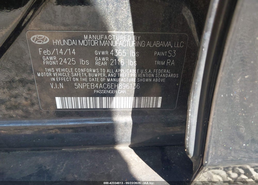 2014 HYUNDAI SONATA VIN: 5NPEB4AC6EH896136