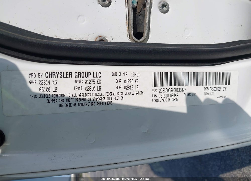 2012 CHRYSLER 300 VIN: 2C3CCACG0CH136877