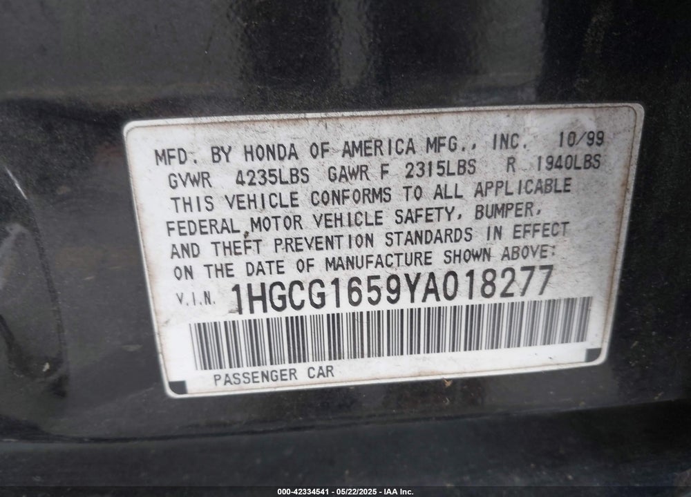 2000 HONDA ACCORD 3.0 EX VIN: 1HGCG1659YA018277