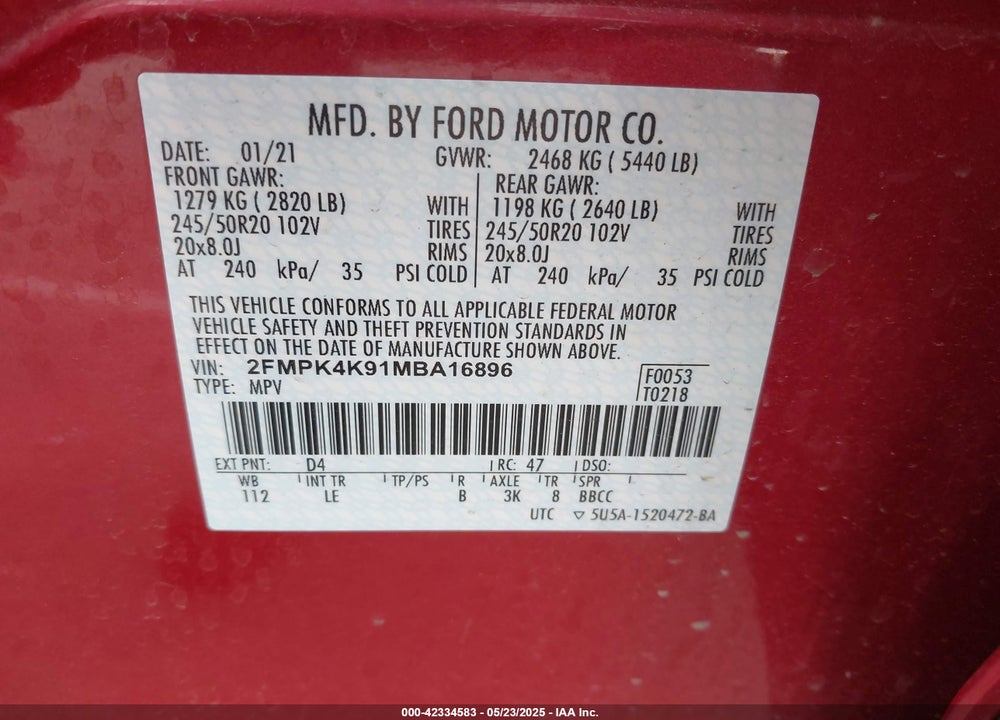 2021 FORD EDGE VIN: 2FMPK4K91MBA16896
