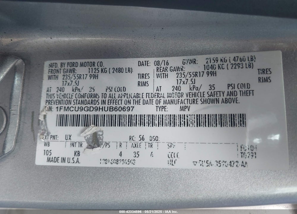 2017 FORD ESCAPE VIN: 1FMCU9GD9HUB60697