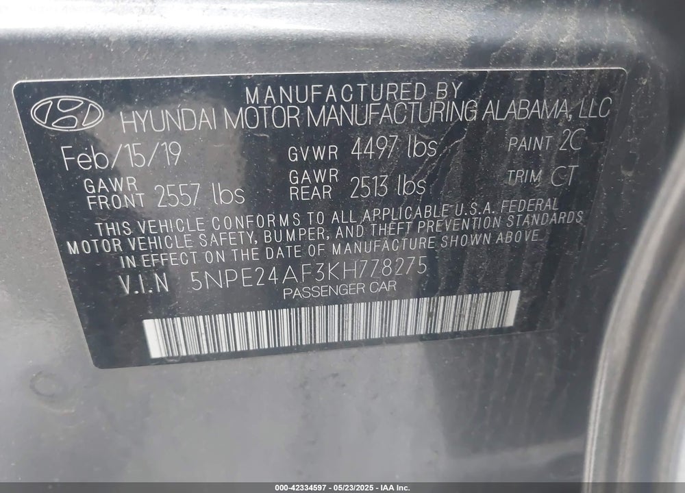 2019 HYUNDAI SONATA VIN: 5NPE24AF3KH778275