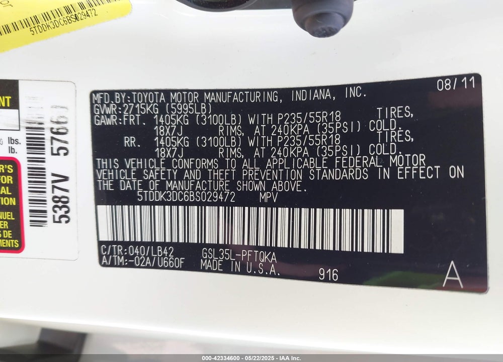 2011 TOYOTA SIENNA VIN: 5TDDK3DC6BS029472