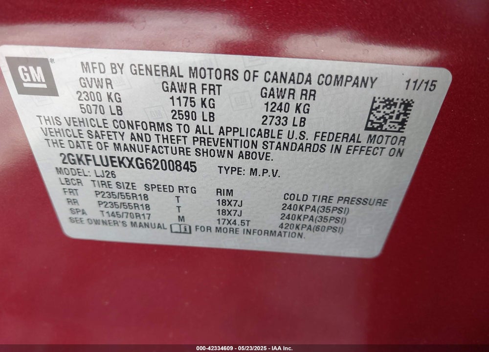2016 GMC TERRAIN VIN: 2GKFLUEKXG6200845