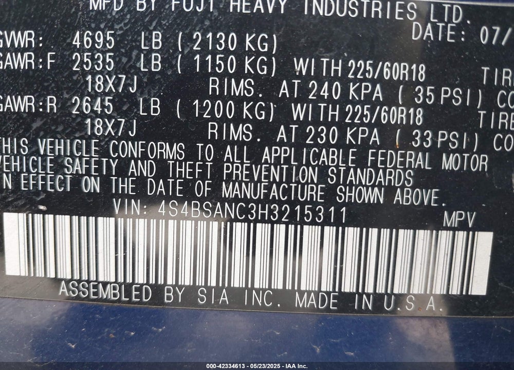 2017 SUBARU OUTBACK VIN: 4S4BSANC3H3215311