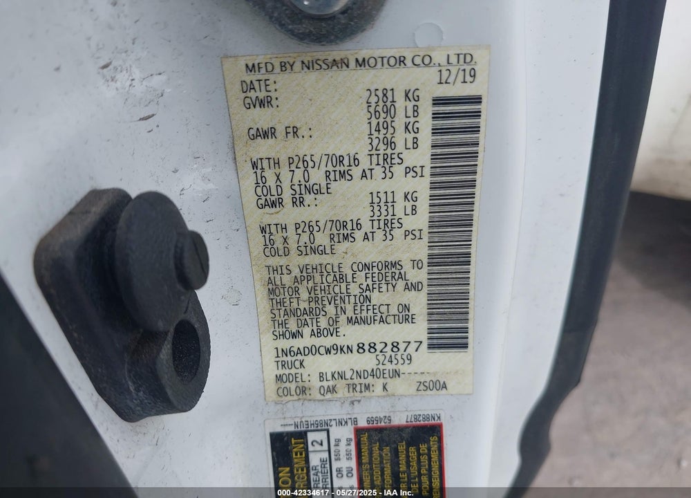 2019 NISSAN FRONTIER VIN: 1N6AD0CW9KN882877
