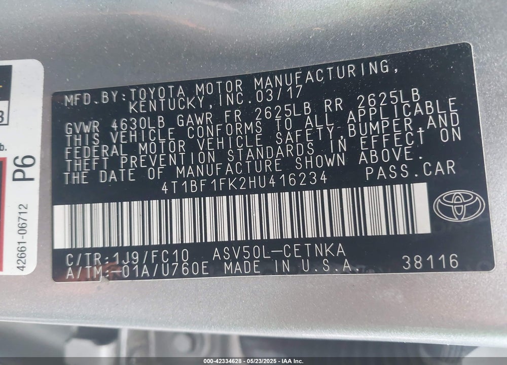 2017 TOYOTA CAMRY VIN: 4T1BF1FK2HU416234