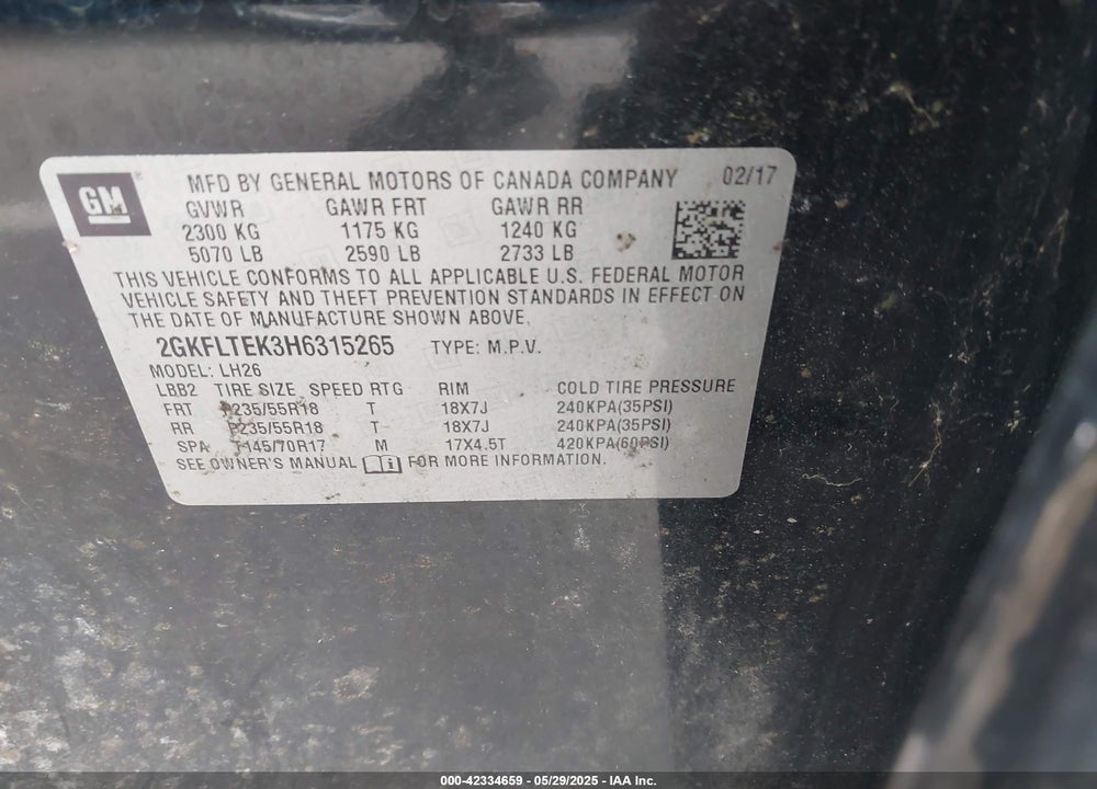 2017 GMC TERRAIN VIN: 2GKFLTEK3H6315265