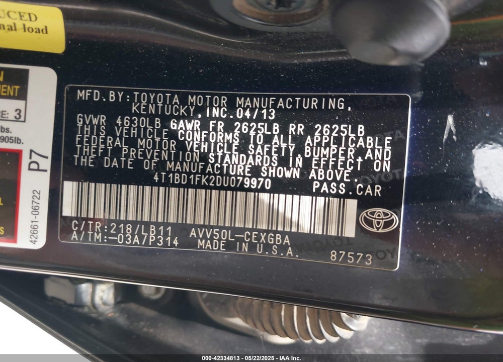 2013 TOYOTA CAMRY HYBRID VIN: 4T1BD1FK2DU079970