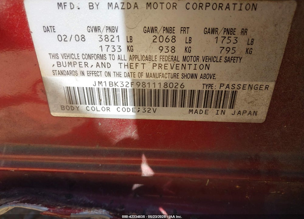2008 MAZDA 3 VIN: JM1BK32F981118026