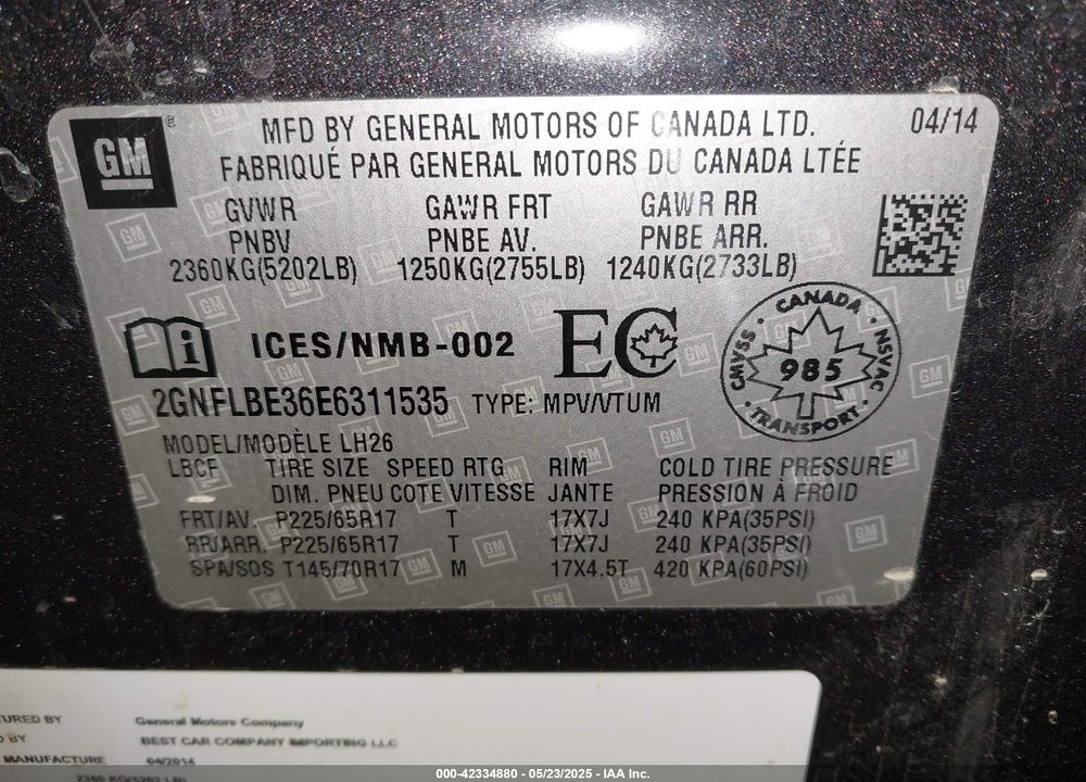 2014 CHEVROLET EQUINOX 1LT VIN: 2GNFLBE36E6311535