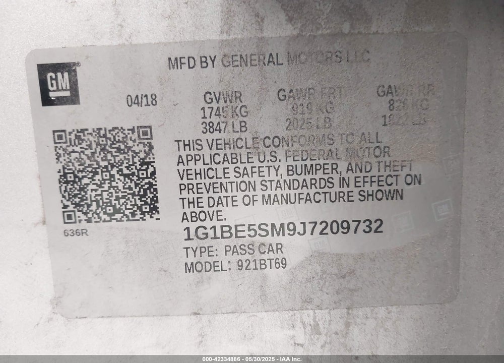2018 CHEVROLET CRUZE VIN: 1G1BE5SM9J7209732