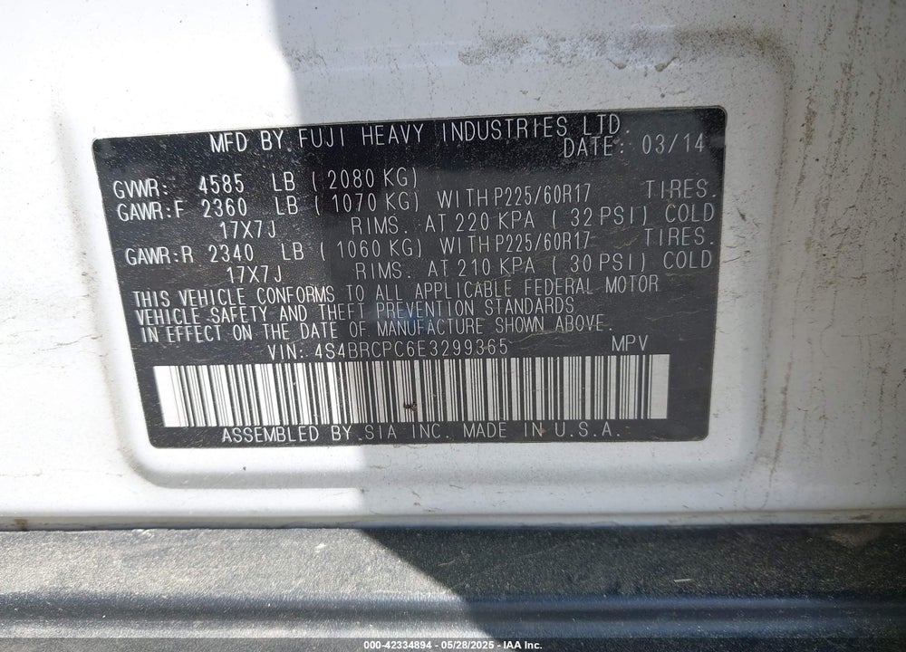2014 SUBARU OUTBACK VIN: 4S4BRCPC6E3299365