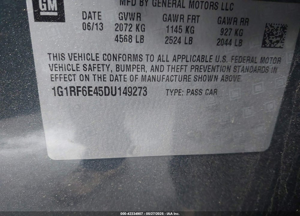 2013 CHEVROLET VOLT VIN: 1G1RF6E45DU149273