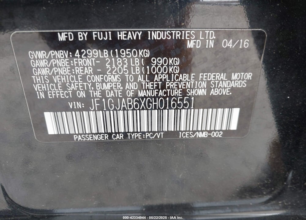 2016 SUBARU IMPREZA VIN: JF1GJAB6XGH016551