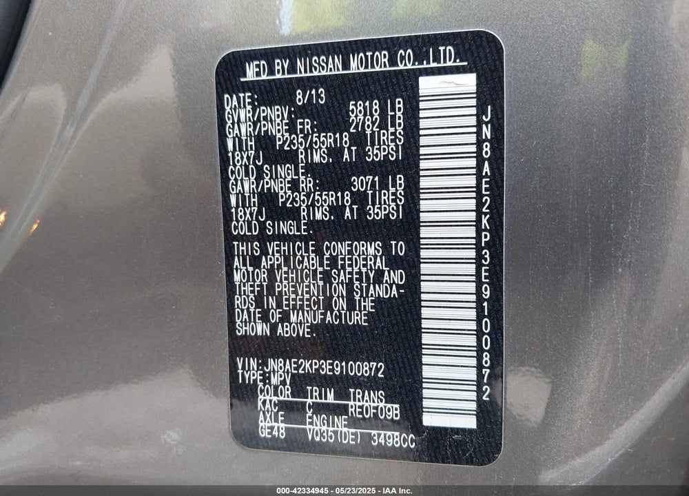 2014 NISSAN QUEST LE VIN: JN8AE2KP3E9100872