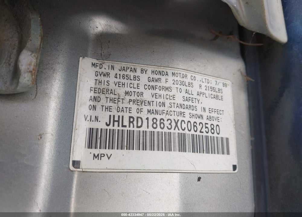 1999 HONDA CR-V EX VIN: JHLRD1863XC062580