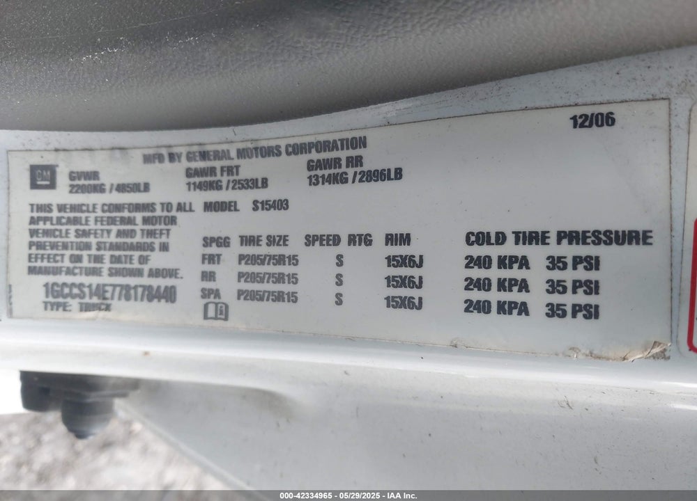 2007 CHEVROLET COLORADO WORK TRUCK VIN: 1GCCS14E778178440