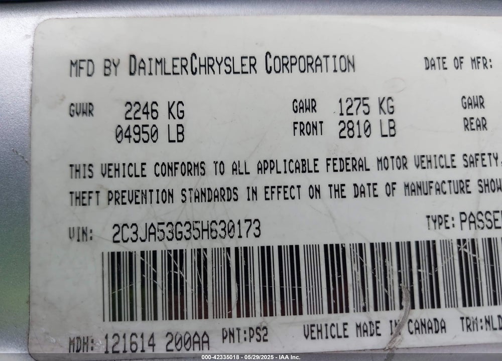 2005 CHRYSLER 300 TOURING VIN: 2C3JA53G35H630173