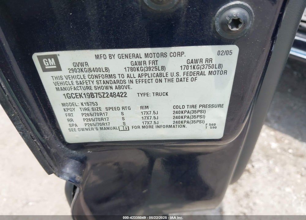 2005 CHEVROLET SILVERADO 1500 Z71 VIN: 1GCEK19B75Z248422