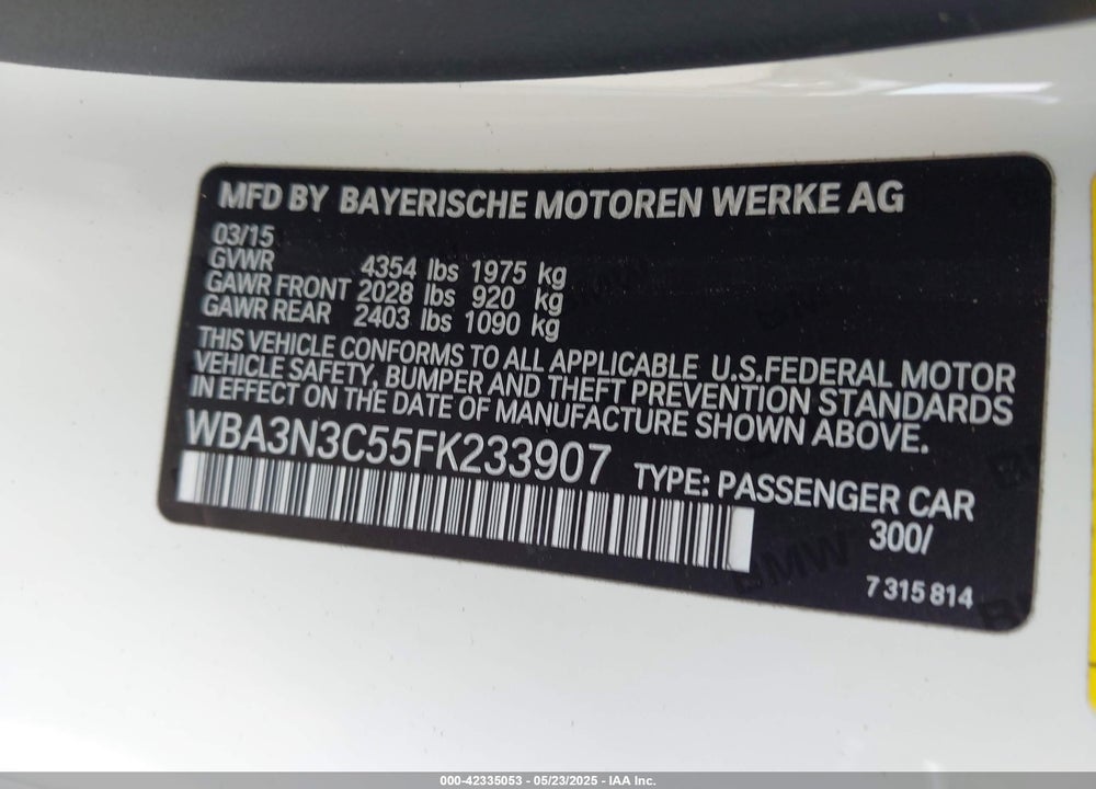 2015 BMW 428 VIN: WBA3N3C55FK233907