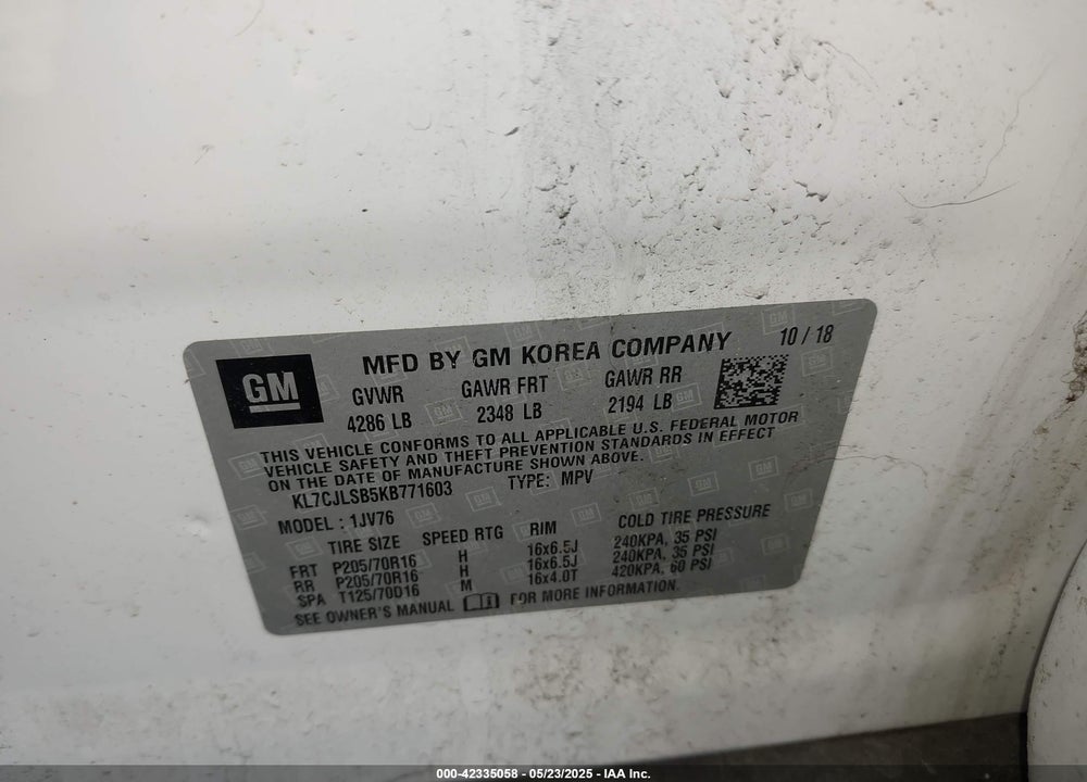 2019 CHEVROLET TRAX LT VIN: KL7CJLSB5KB771603