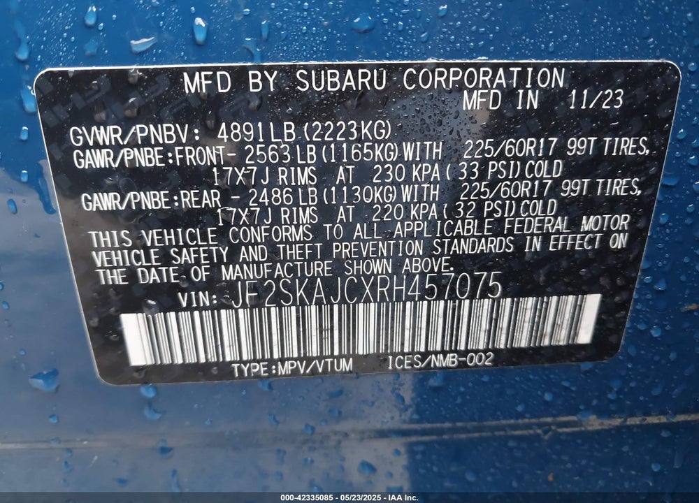2024 SUBARU FORESTER VIN: JF2SKAJCXRH457075