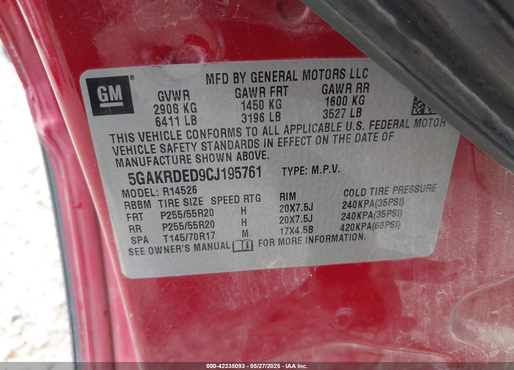 2012 BUICK ENCLAVE PREMIUM VIN: 5GAKRDED9CJ195761