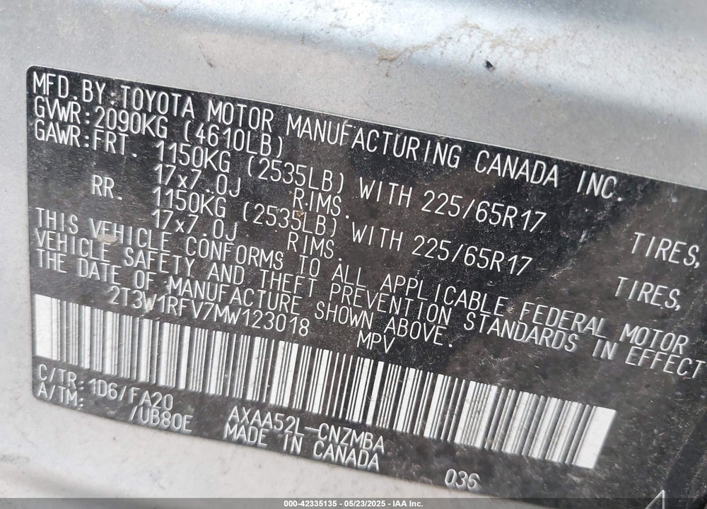 2021 TOYOTA RAV4 VIN: 2T3W1RFV7MW123018