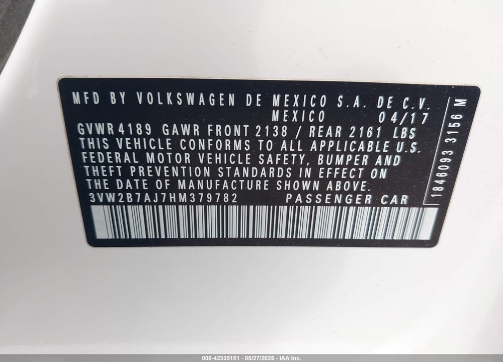 2017 VOLKSWAGEN JETTA VIN: 3VW2B7AJ7HM379782
