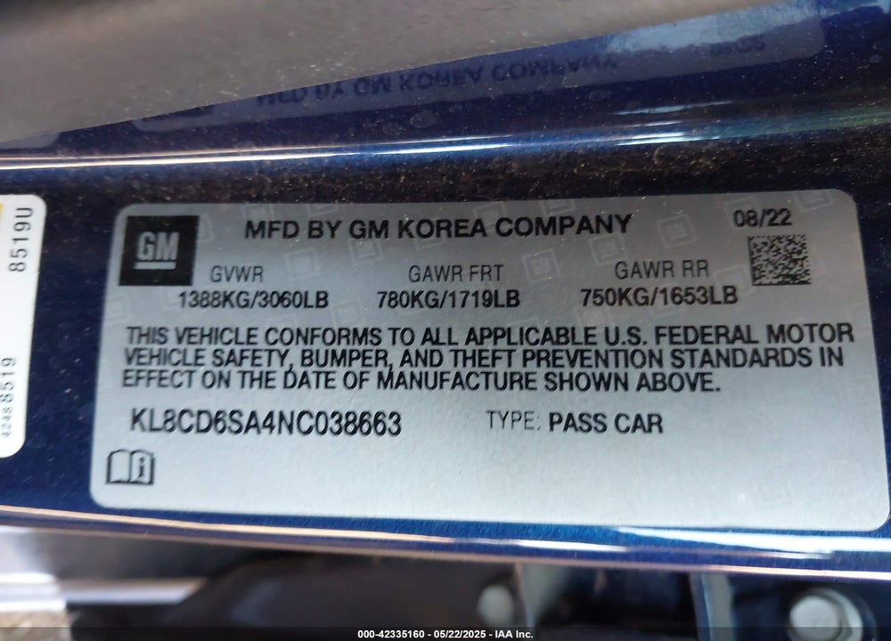 2022 CHEVROLET SPARK VIN: KL8CD6SA4NC038663