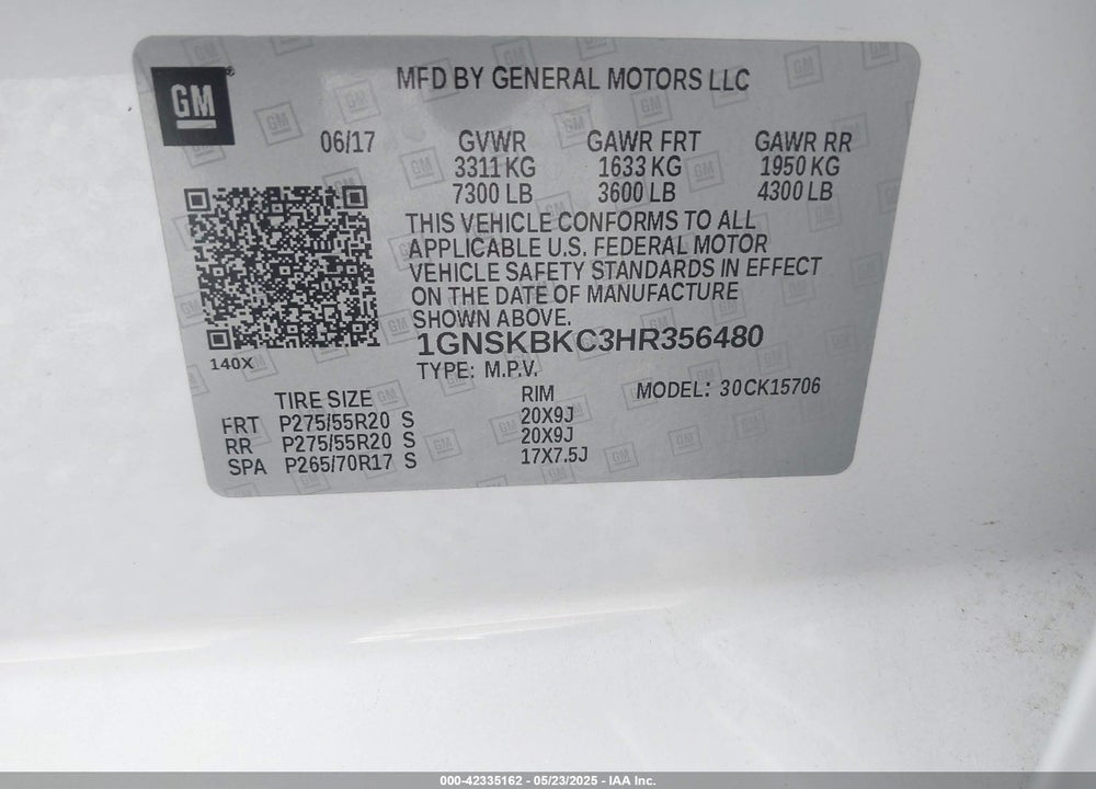 2017 CHEVROLET TAHOE VIN: 1GNSKBKC3HR356480