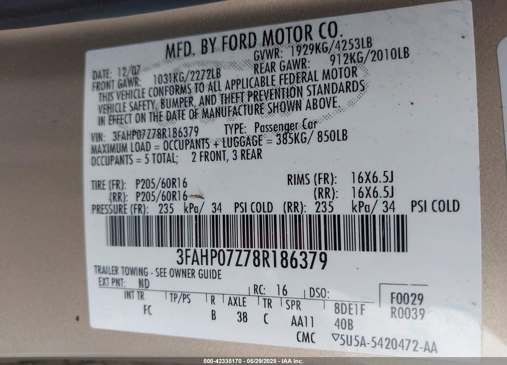 2008 FORD FUSION VIN: 3FAHP07Z78R186379