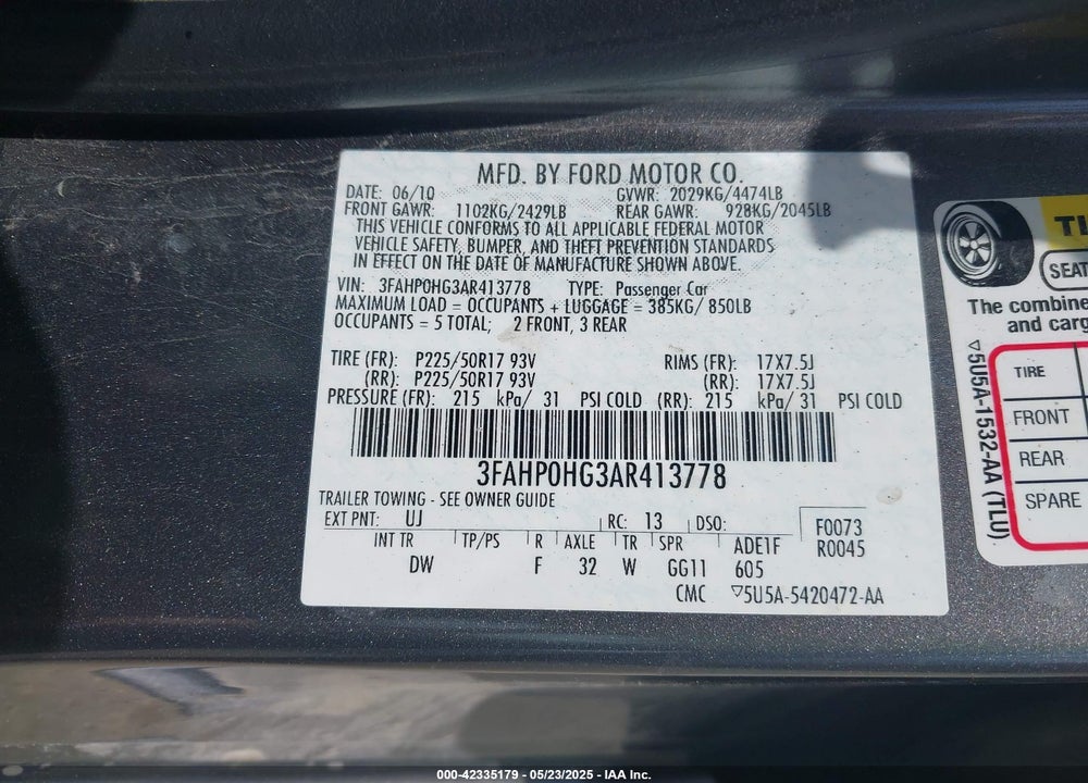 2010 FORD FUSION VIN: 3FAHP0HG3AR413778
