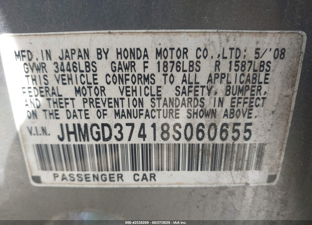 2008 HONDA FIT VIN: JHMGD37418S060655