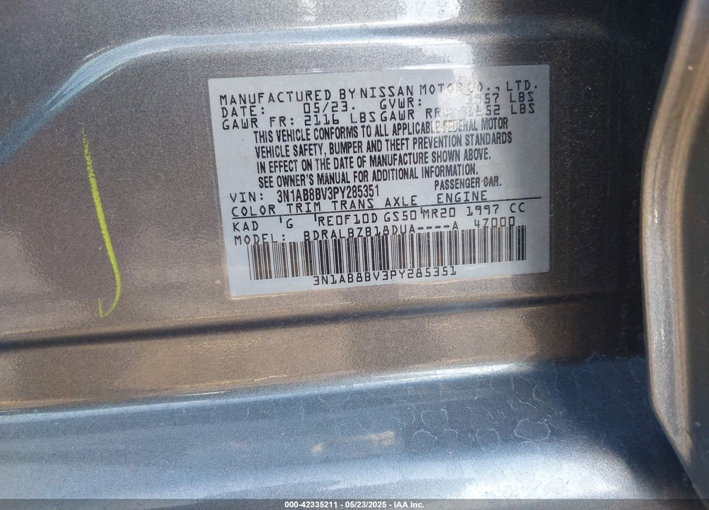 2023 NISSAN SENTRA VIN: 3N1AB8BV3PY285351