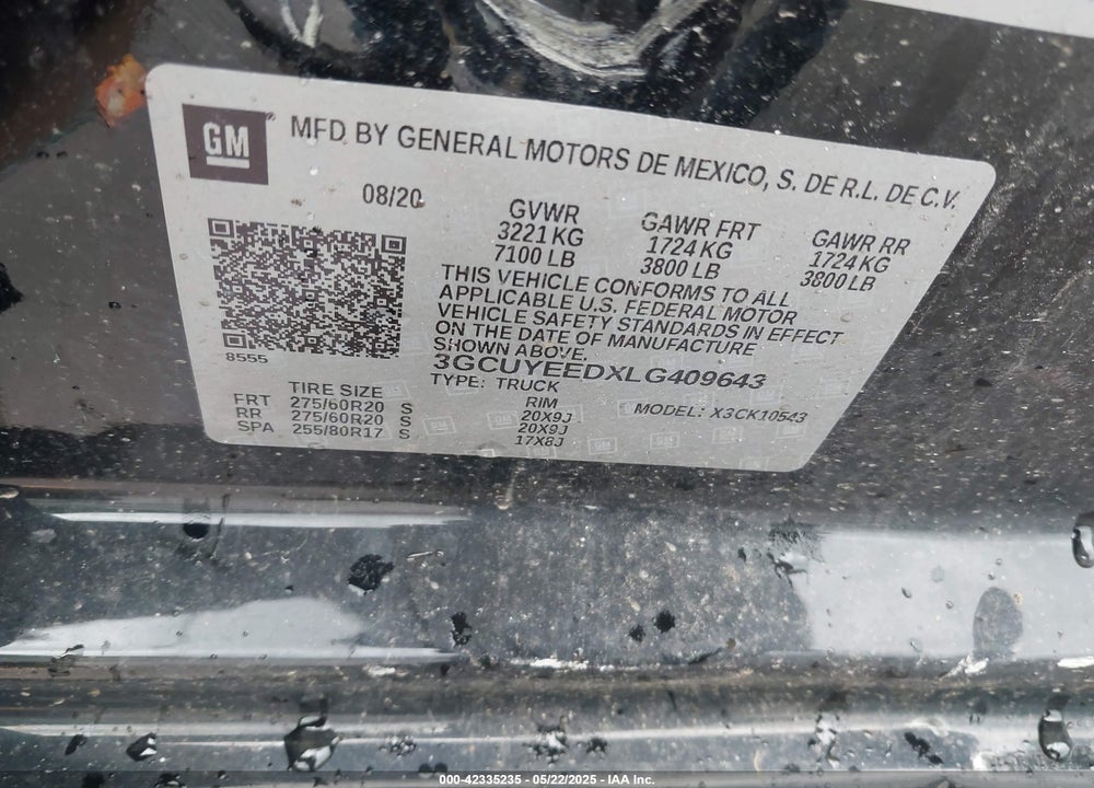 2020 CHEVROLET SILVERADO 1500 VIN: 3GCUYEEDXLG409643