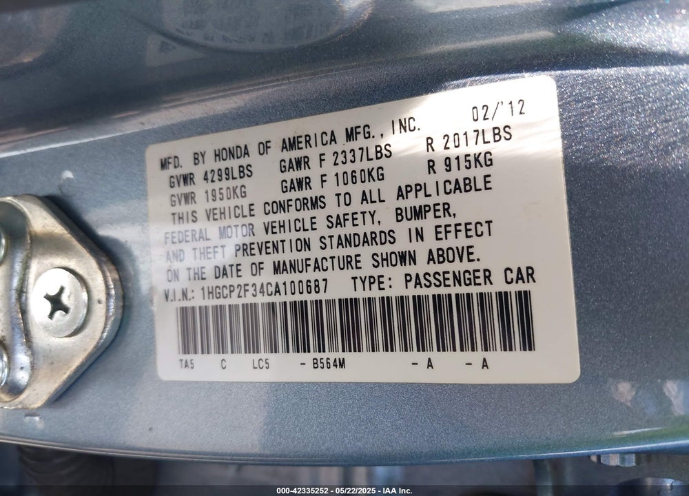 2012 HONDA ACCORD VIN: 1HGCP2F34CA100687