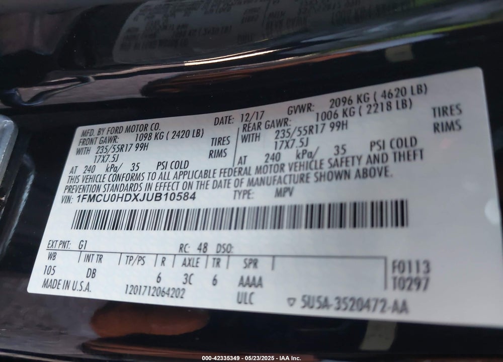 2018 FORD ESCAPE SEL VIN: 1FMCU0HDXJUB10584