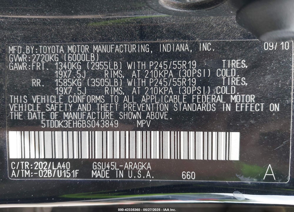 2011 TOYOTA HIGHLANDER LIMITED V6 VIN: 5TDDK3EH6BS043849