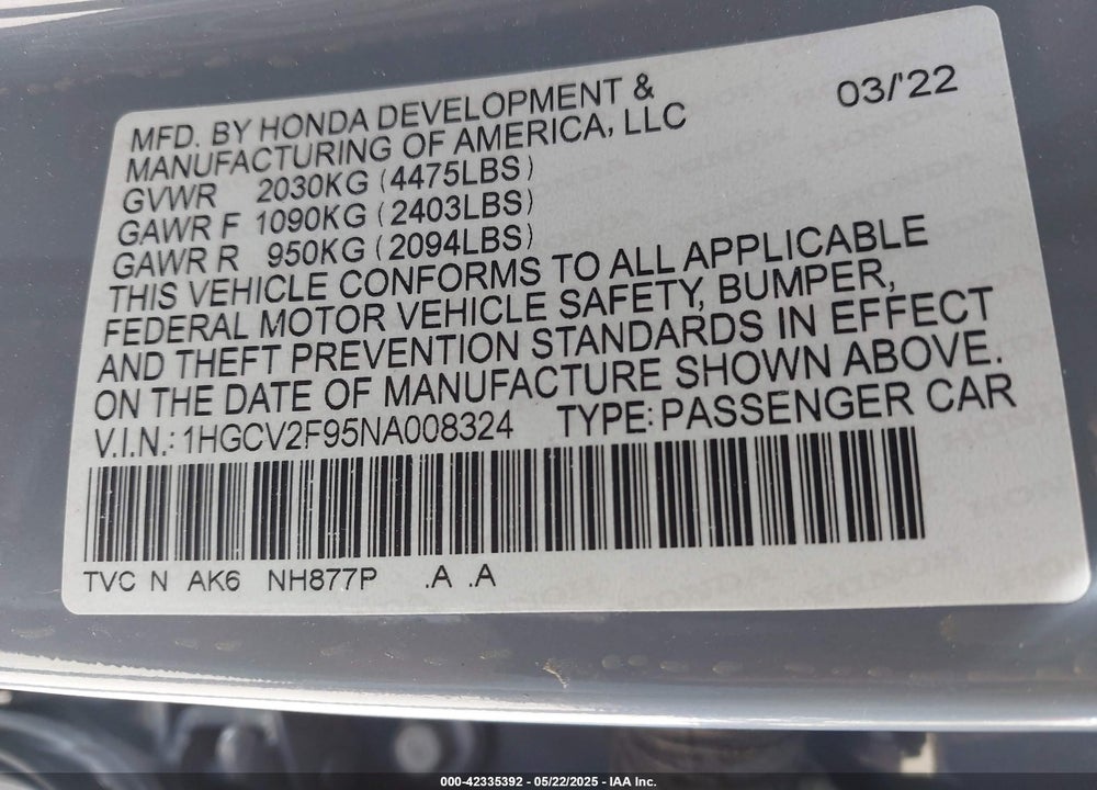 2022 HONDA ACCORD VIN: 1HGCV2F95NA008324