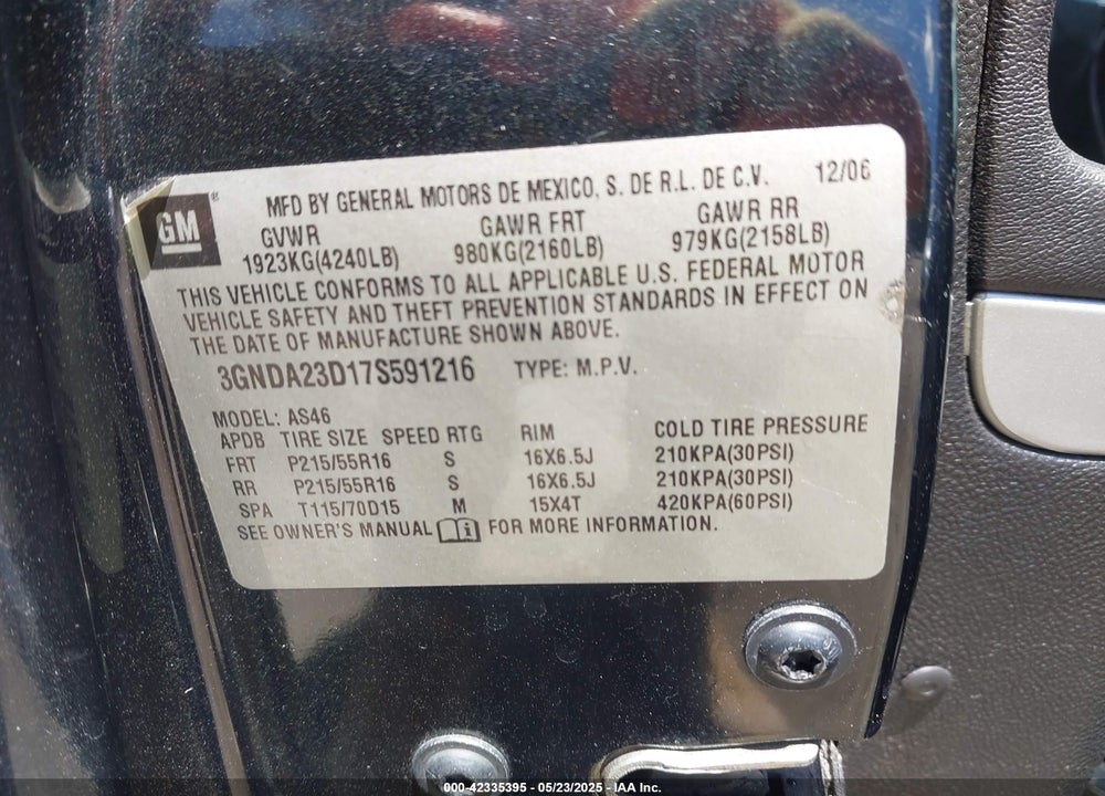 2007 CHEVROLET HHR LT VIN: 3GNDA23D17S591216