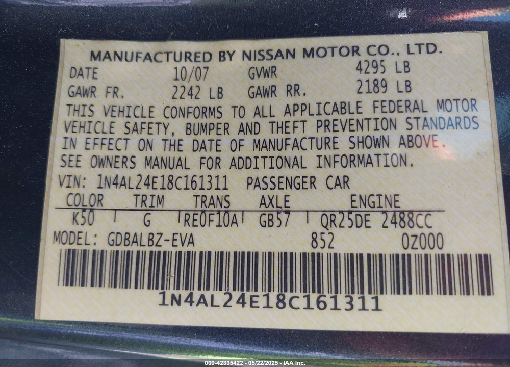 2008 NISSAN ALTIMA 2.5 S VIN: 1N4AL24E18C161311