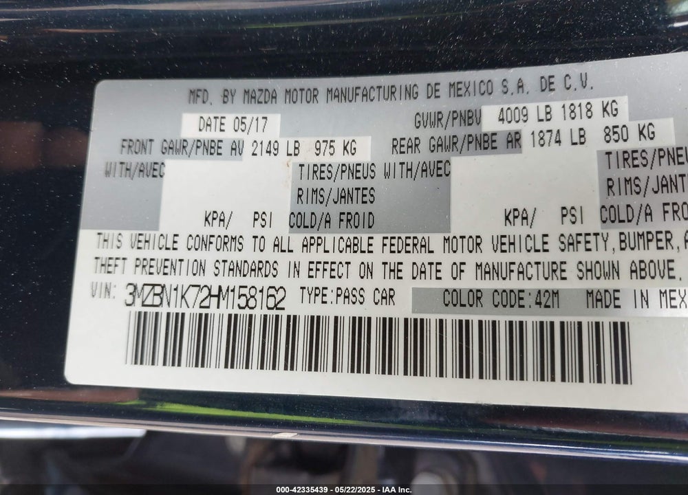 2017 MAZDA 3 VIN: 3MZBN1K72HM158162