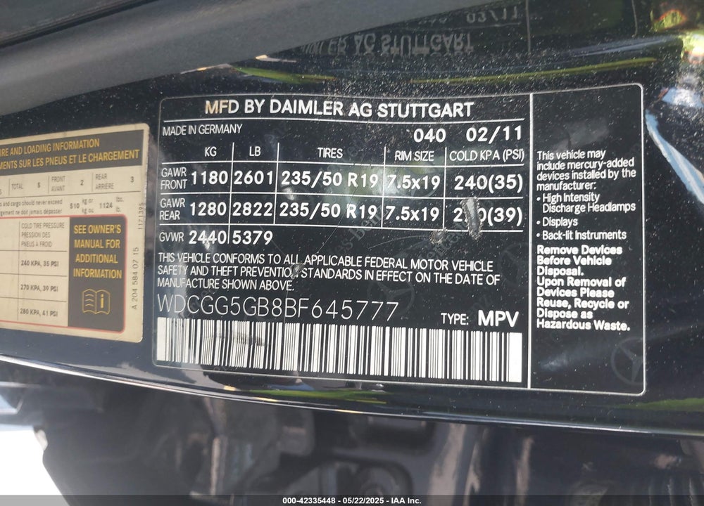 2011 MERCEDES-BENZ GLK-CLASS VIN: WDCGG5GB8BF645777