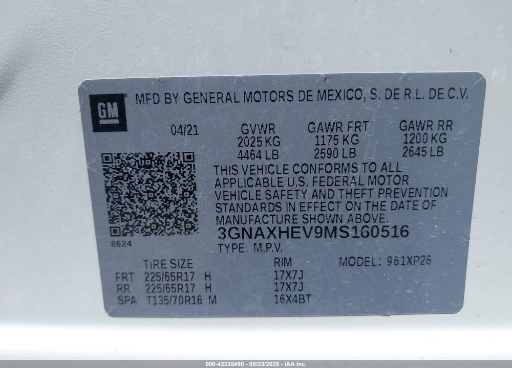 2021 CHEVROLET EQUINOX VIN: 3GNAXHEV9MS160516