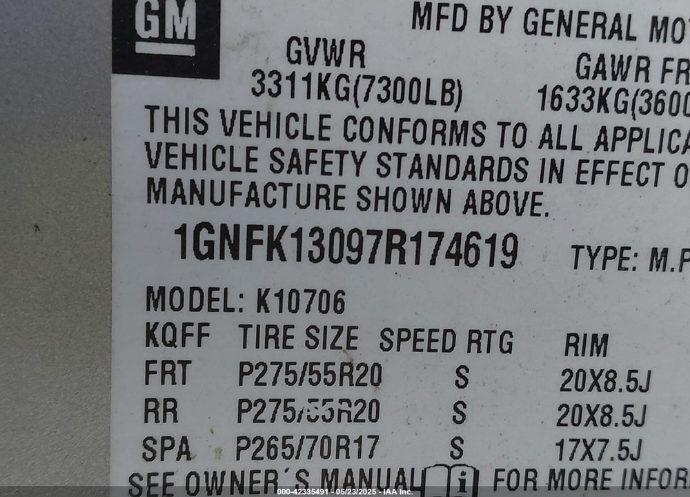 2007 CHEVROLET TAHOE LTZ VIN: 1GNFK13097R174619