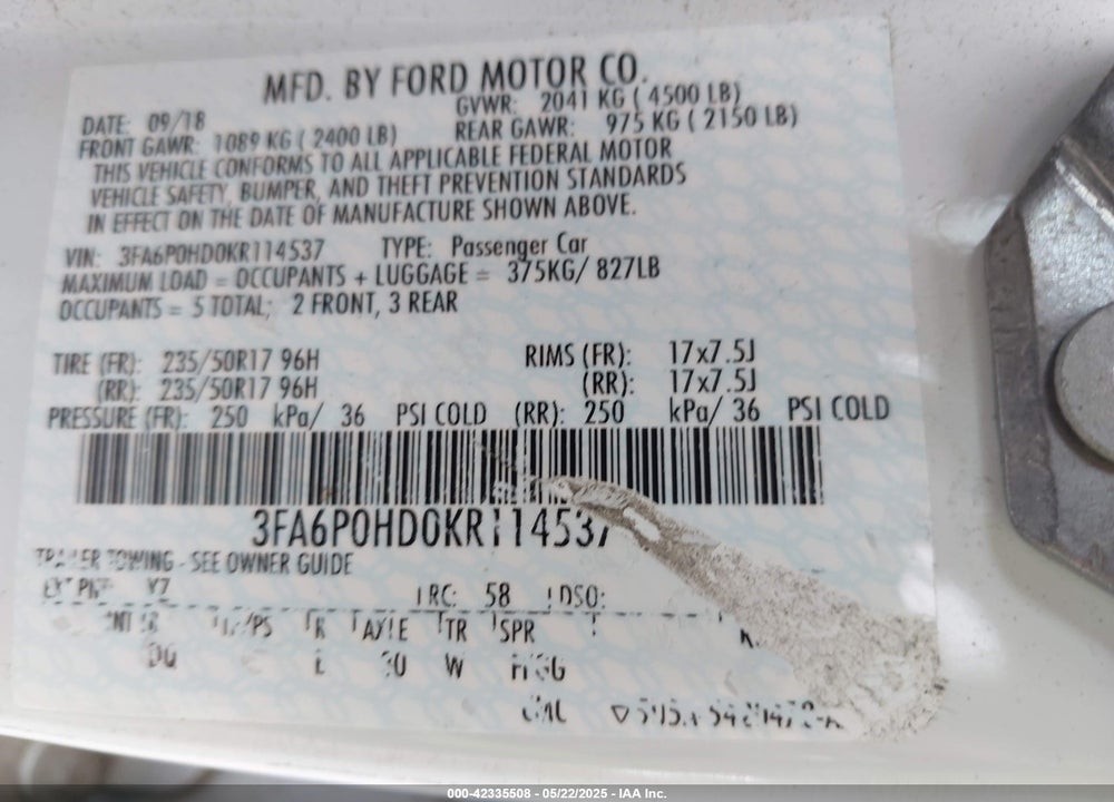 2019 FORD FUSION VIN: 3FA6P0HD0KR114537
