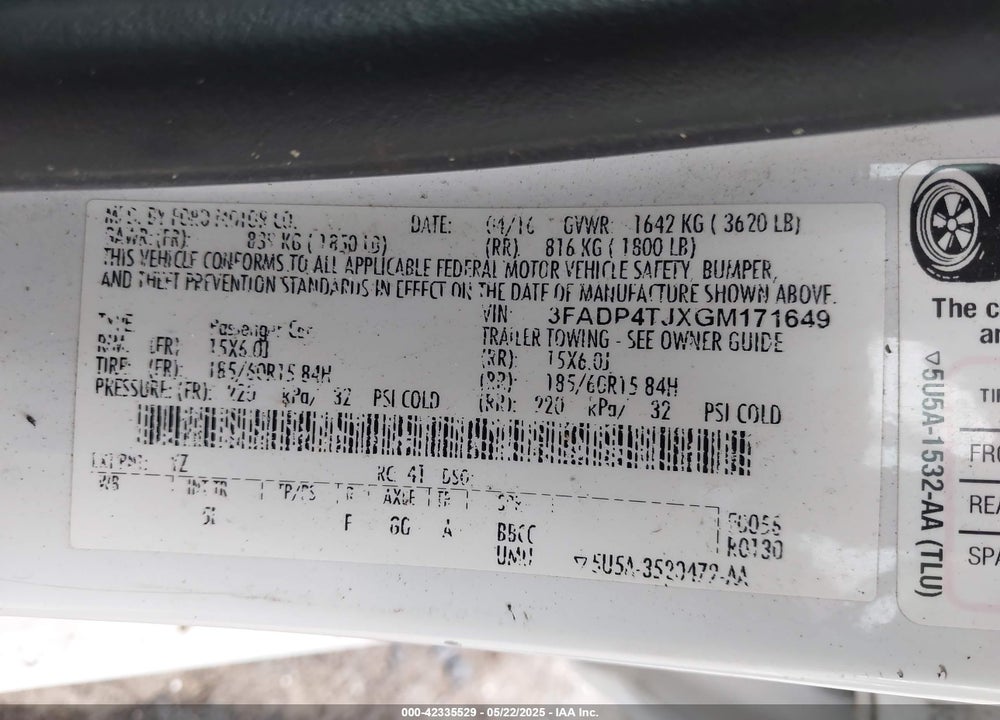 2016 FORD FIESTA VIN: 3FADP4TJXGM171649